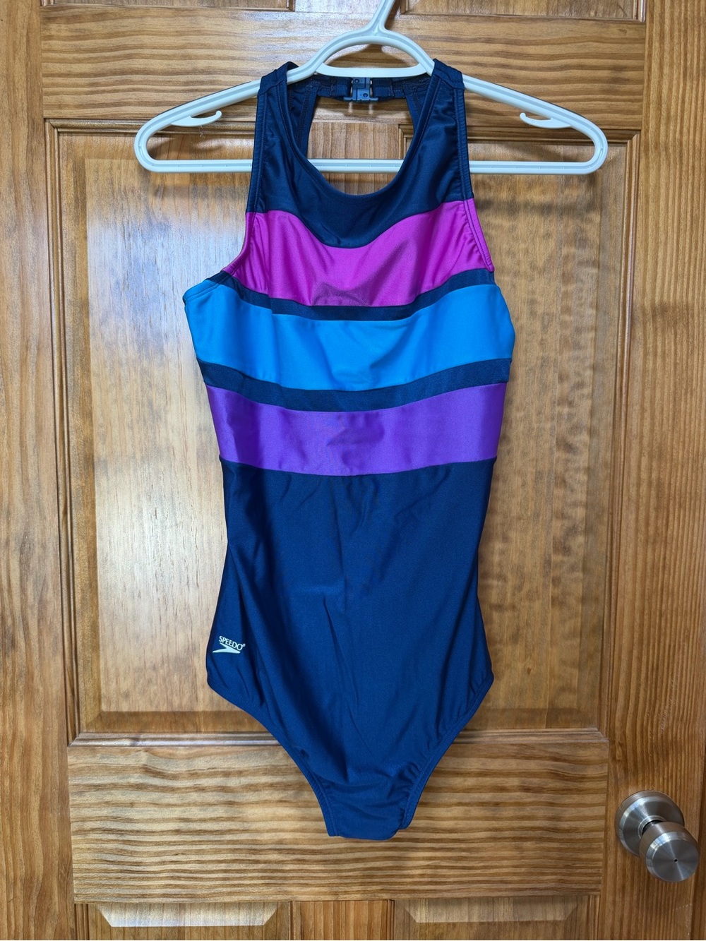 Speedo Women's Navy One-Piece Swimsuit with Pink, Teal & Purple Stripes- Size 12